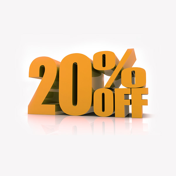The image shows a digital graphic of a 3D text  20  OFF  with a discount symbol indicating a significant price reduction.