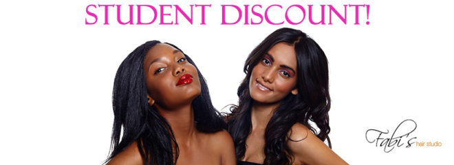 The image is a promotional advertisement featuring two women, likely for a student discount event.