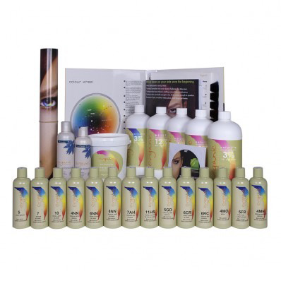 The image shows a collection of skincare products, including bottles of what appears to be cream or lotion, displayed next to each other on a surface. There is a booklet with text and images, possibly containing information about the products.